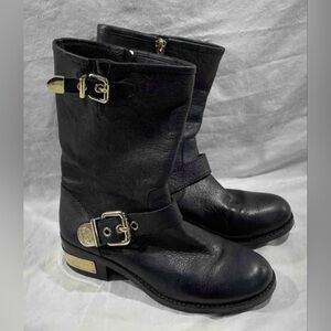 Vince Camuto Black Leather Buckle Moto Boots with Gold Hardware